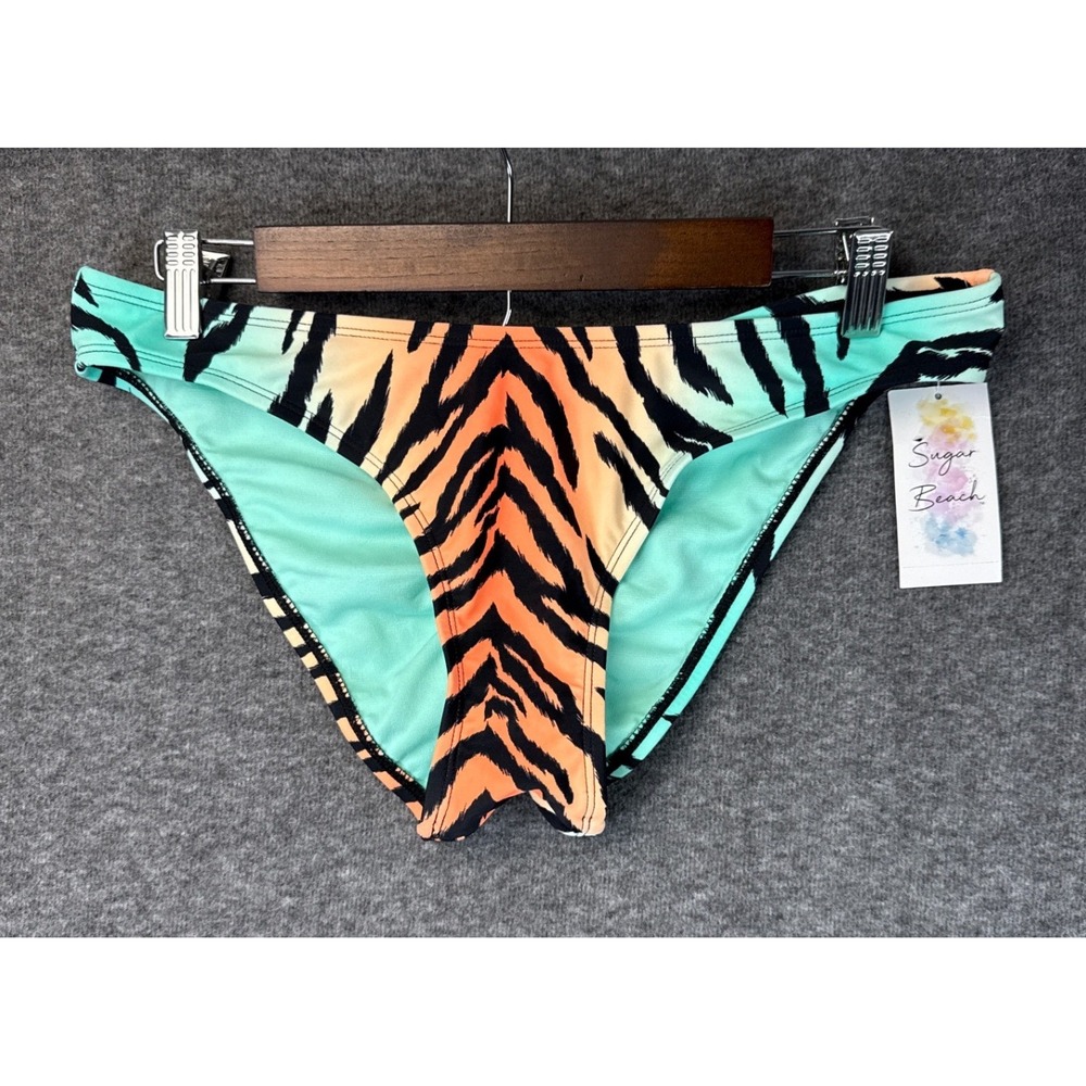 NWT Sugar Beach Tiger Stripe Ombre Ruched Bikini Bottom Orange Teal Womens L
